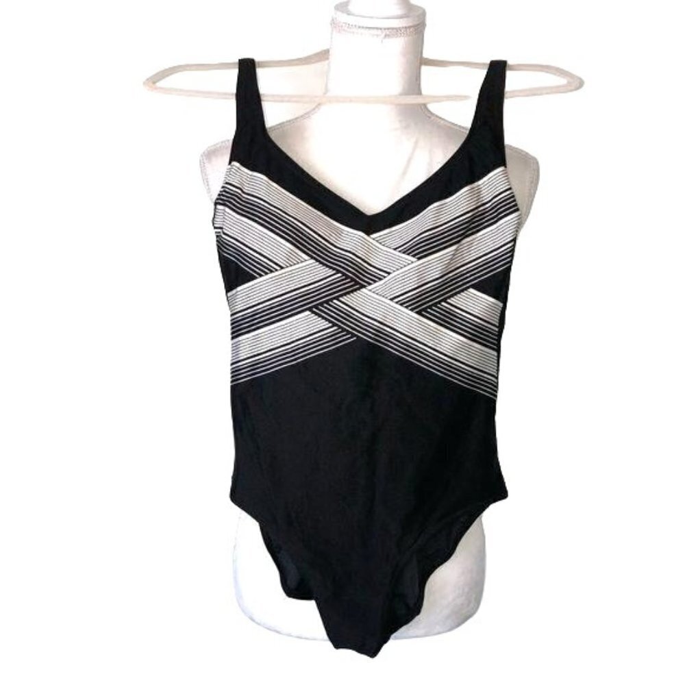 Gottex Swimsuit Womens Size 8 Vintage One Piece Retro Geometric Black White